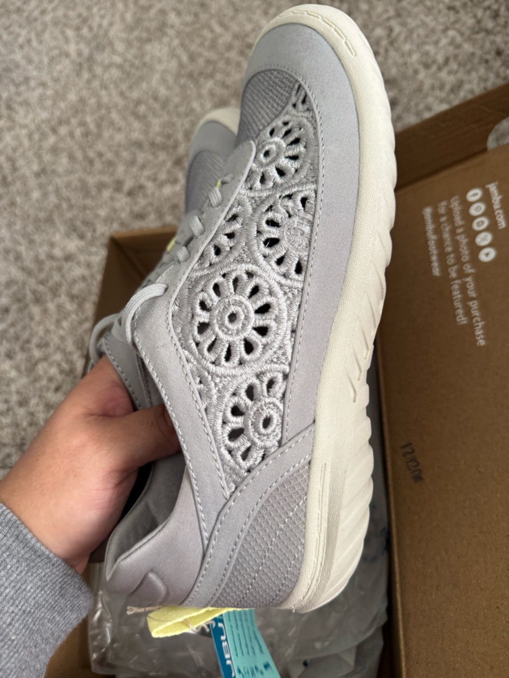JBU Women's Light Gray Crochet Lace Sneakers with Yellow Tab - Picture 2 of 3